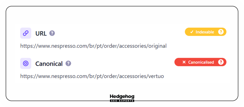 Imagem contendo um exemplo de tag canonical mal configurada.