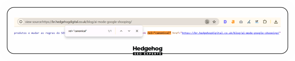 Imagem mostrando como verificar a tag canonical pelo View Source do navegador.