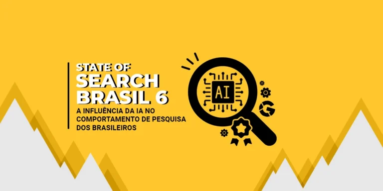 Imagem de uma ilustração com o fundo amarelo e um ícone de lupa com um chip dentro escrito IA. Ao lado tem o título em destaque "State of Search Brasil 6: A Influência da IA no Comportamento de Pesquisa e Decisão de Compra dos Brasileiros"