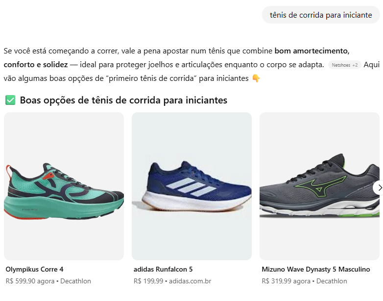 Teste para o termo tênis de corrida para iniciantes feito no Shopping Research