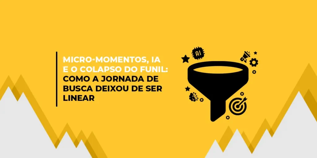 Imagem com fundo amarelo e um texto dizendo: “Micro-momentos, IA e o fim do funil do marketing: como a jornada de busca deixou de ser linear”. Ao lado, há uma ilustração de um funil, com diversos elementos ao redor, representando a complexidade da jornada do consumidor.