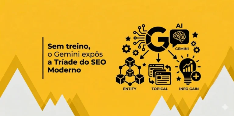 Imagem com fundo amarelo e um texto em destaque sobre Gemini e SEO moderno, com ícones ao lado representando IA, entidades, autoridade topical e info gain