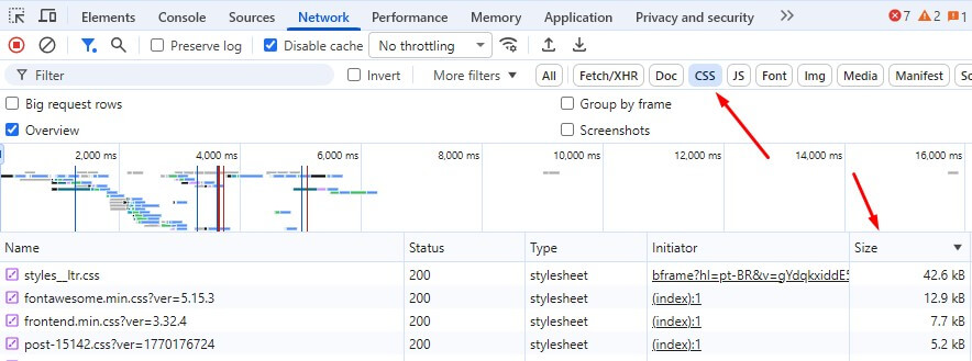 verificar peso css pelo chrome dev tools para novo crawl limit