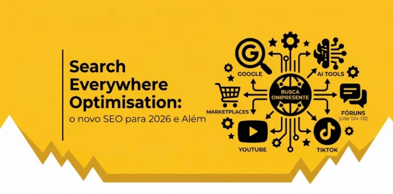 Ilustração de Search Everywhere Optimisation destacando a estratégia de SEO em múltiplos canais como Google, YouTube, TikTok, marketplaces, fóruns e ferramentas de IA.