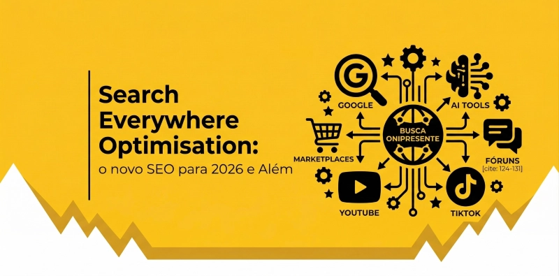 Ilustração de Search Everywhere Optimisation destacando a estratégia de SEO em múltiplos canais como Google, YouTube, TikTok, marketplaces, fóruns e ferramentas de IA.