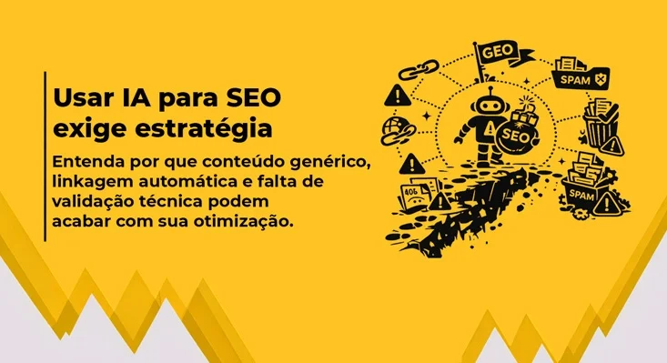 Imagem de banner sobre Conteúdo de IA, com fundo amarelo, título em destaque e ilustrações de ícones conectados ao assunto do lado