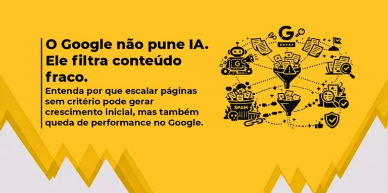 Imagem de banner sobre Conteúdo de IA em escala, com fundo amarelo, título em destaque e ilustrações de ícones conectados ao assunto do lado