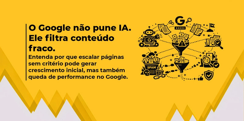 Imagem de banner sobre Conteúdo de IA em escala, com fundo amarelo, título em destaque e ilustrações de ícones conectados ao assunto do lado