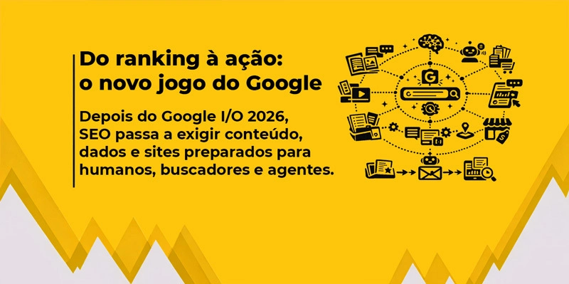 Banner amarelo com o título “Do ranking à ação: o novo jogo do Google” e um texto sobre a evolução do SEO após o Google I/O 2026, destacando a adaptação para humanos, buscadores e IA; à direita, o “G” do Google conectado a ícones digitais que representam um ecossistema integrado.