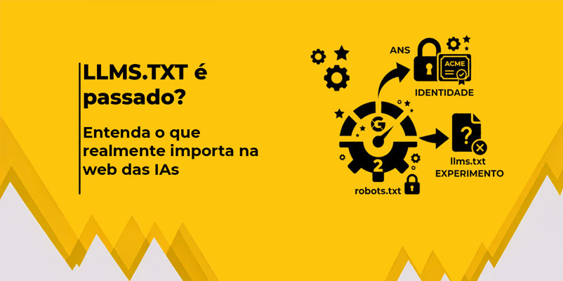 Imagem de banner sobre llms.txt , com fundo amarelo, título em destaque e ilustrações de ícones conectados ao assunto do lado