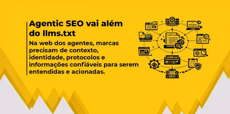 Banner amarelo com o título “Agentic SEO vai além do llms.txt”, mostrando que marcas precisam de contexto, identidade e dados confiáveis para IAs, com diagrama à direita ligando “LLMS.txt” a IA, busca e ferramentas.