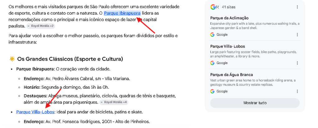 Imagem de uma página de resultados do Google com informações sobre os parques municipais de São Paulo
