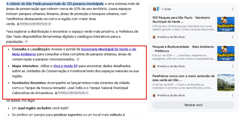Imagem de uma página de resultados do Google com informações sobre os parques municipais de São Paulo e links da Prefeitura para consulta de áreas verdes.