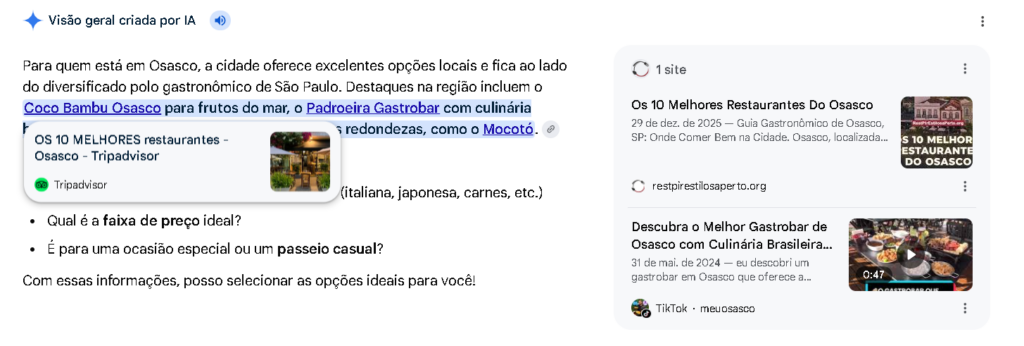 Imagem de uma página de resultados do Google com informações sobre os melhores restaurantes de Osasco.