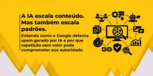 Banner com fundo amarelo e texto sobre detecção de spam gerado por IA. À direita, ilustração de um monitor com lupa conectado a ícones de robô, documentos, gráficos, engrenagens, links e segurança, representando análise de conteúdo e identificação de padrões.