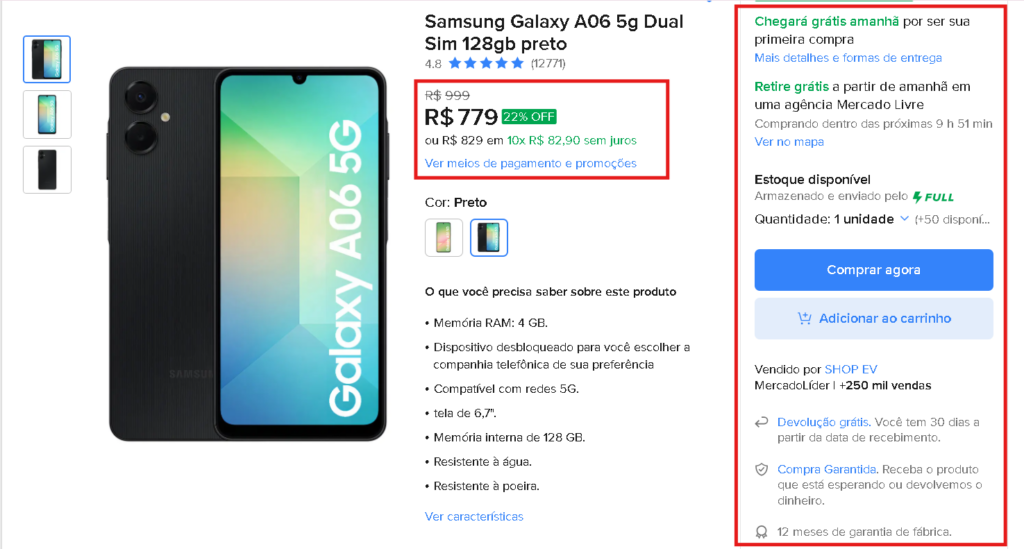 Exemplo de informações operacionais exibidas em uma PDP do Mercado Livre, incluindo preço, disponibilidade, frete, garantia e política de devolução. 