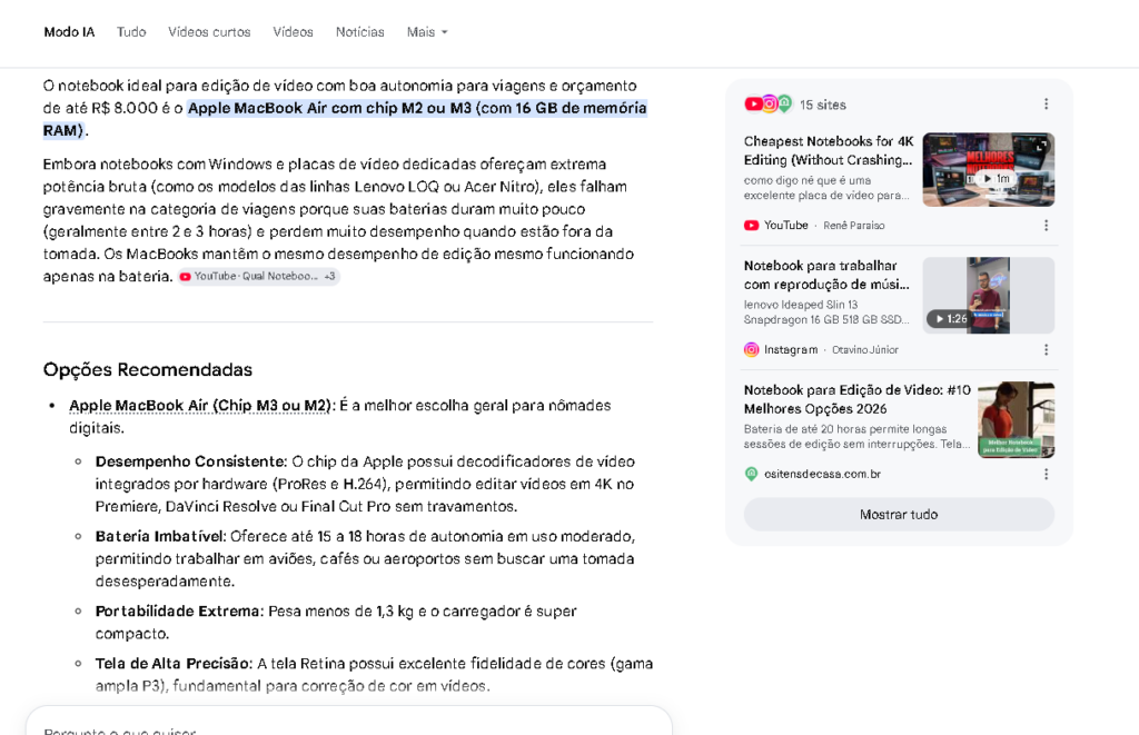Exemplo de resposta gerada pelo Google AI Mode para uma pesquisa sobre notebook, considerando múltiplos critérios do usuário, como orçamento, desempenho, autonomia de bateria e finalidade de uso.