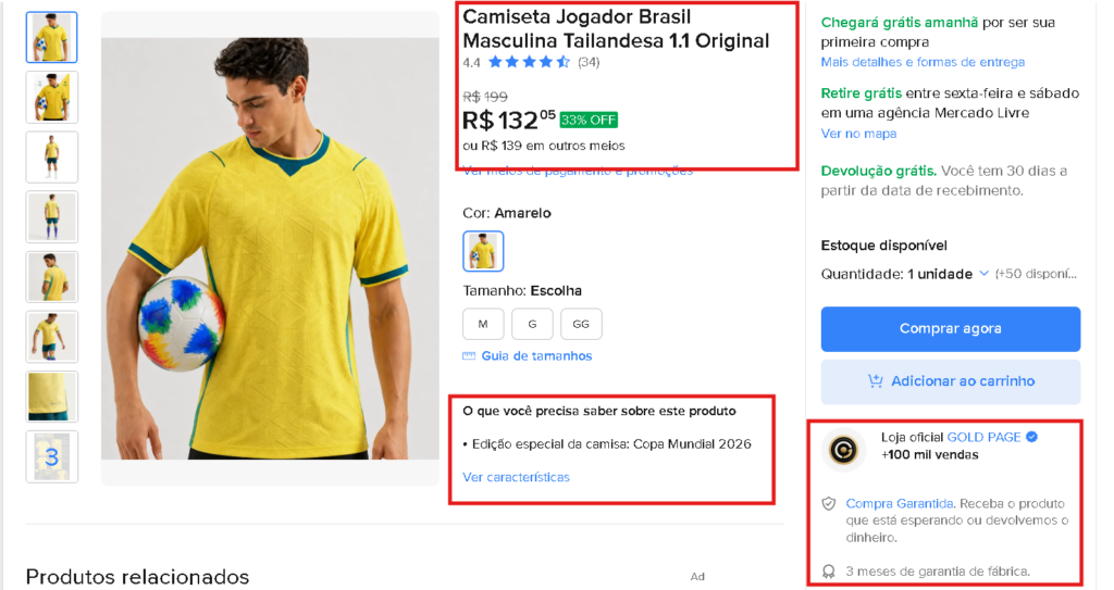 Exemplo de uma Página de Descrição de Produto (PDP) do e-commerce mercado livre, reunindo informações como imagens, preço, especificações, avaliações e opções de compra. 