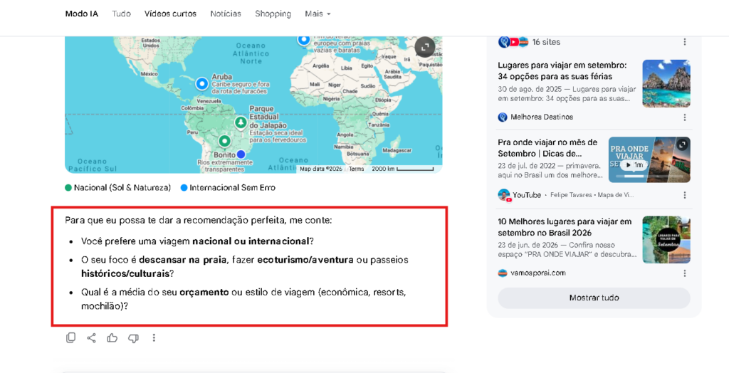 Exemplo de busca exploratória no Google AI Mode: após uma primeira resposta, a ferramenta sugere refinamentos e novas perguntas para entender melhor a intenção do usuário e conduzir a tomada de decisão.
