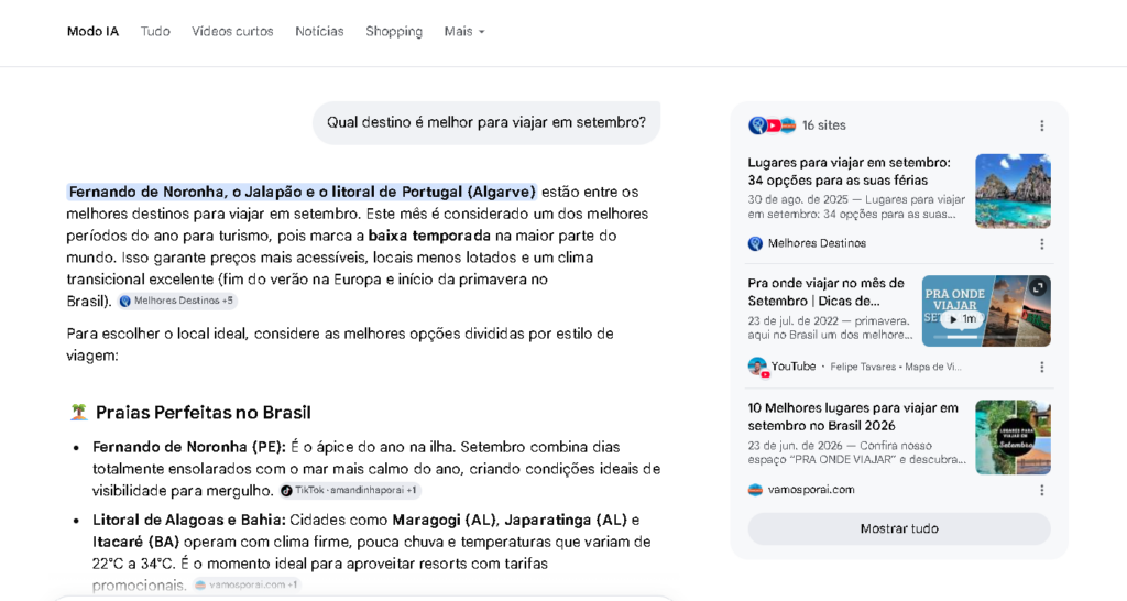 Exemplo de busca exploratória no Google AI Mode: após uma primeira resposta, a ferramenta sugere refinamentos e novas perguntas para entender melhor a intenção do usuário e conduzir a tomada de decisão.
