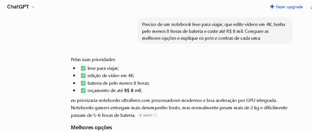 Exemplo de recomendação e comparação de produtos no ChatGPT Shopping com base na solicitação do usuário. 