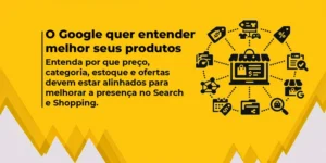 Ilustração sobre dados estruturados de produtos para Google Search e Shopping, com ícones de categorias, ofertas, estoque e carrinho de compras.