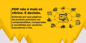 Imagem com fundo amarelo, texto destacando a evolução das PDPs e ícones representando conexão entre produtos, usuários, buscadores e IAs.