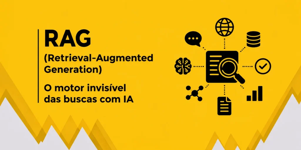 A imagem é um slide sobre RAG (Retrieval-Augmented Generation), destacando o conceito como o “motor invisível das buscas com IA”, com ícones que representam fontes de dados e processamento conectados em um fluxo de informação.