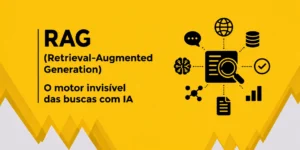 A imagem é um slide sobre RAG (Retrieval-Augmented Generation), destacando o conceito como o “motor invisível das buscas com IA”, com ícones que representam fontes de dados e processamento conectados em um fluxo de informação.