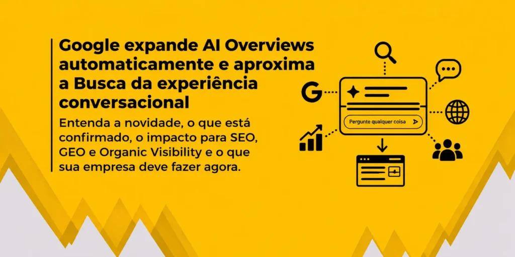 Imagem vetorial de um banner sobre Google, AI Overviews, IA e SEO, com fundo amarelo, detalhes geométricos em amarelo e cinza, texto preto à esquerda e ícones de busca, IA, conversa, dados e Google à direita.