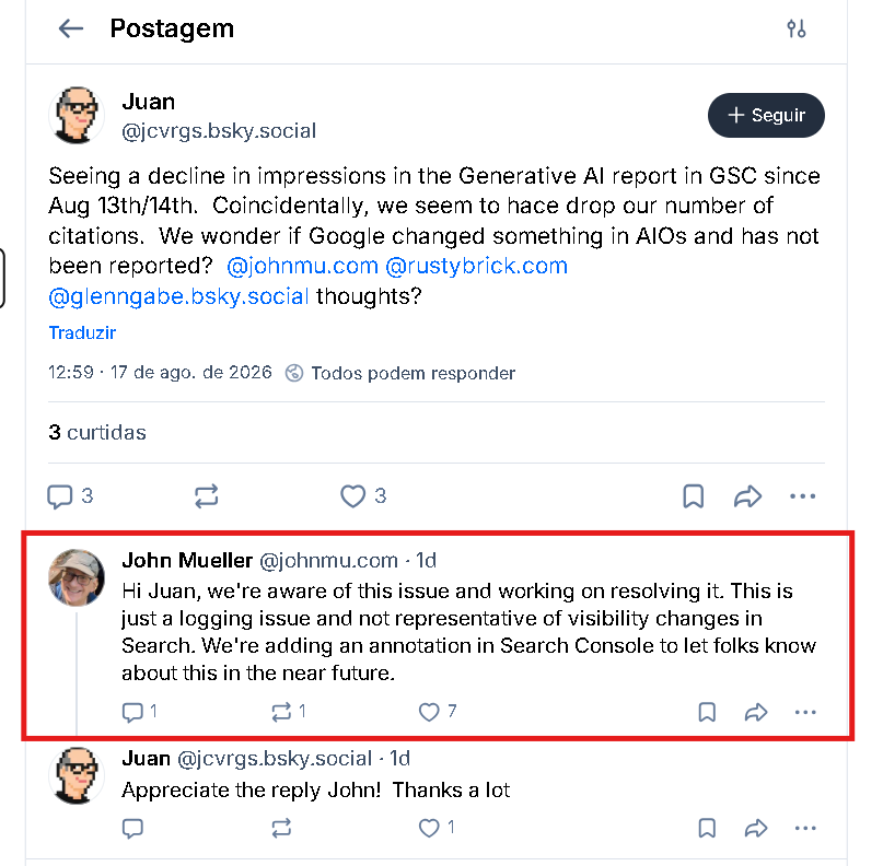 postagem no Bluesky em que John Mueller responde a um relato sobre a queda nas impressões do relatório de IA generativa do Google Search Console. 