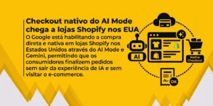 Infográfico amarelo com título sobre o checkout nativo do AI Mode e um esquema conectando IA, Shopify e Google.