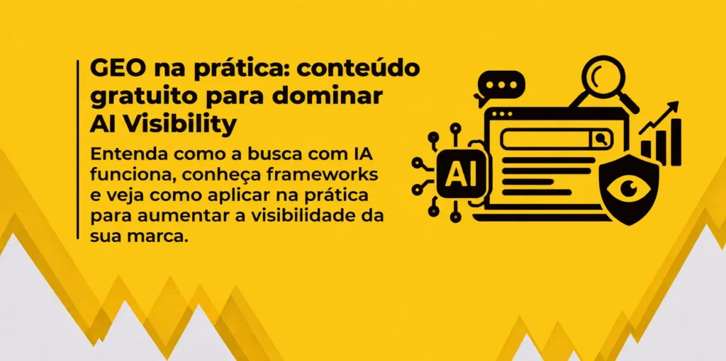 Banner horizontal com fundo amarelo, detalhes geométricos nas bordas, título e texto à esquerda, e ícones pretos de IA, busca e visibilidade à direita.