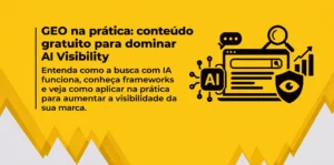 Banner horizontal com fundo amarelo, detalhes geométricos nas bordas, título e texto à esquerda, e ícones pretos de IA, busca e visibilidade à direita.