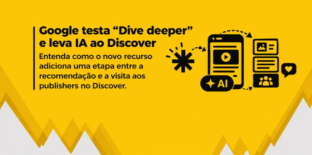 Banner amarelo sobre o teste “Dive deeper” do Google Discover, com ilustrações de IA, celular, conteúdos relacionados e interações entre fontes antes da visita aos publishers.