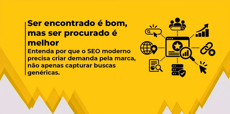 Ilustração sobre SEO moderno destacando a importância de criar demanda pela marca, além de capturar buscas genéricas.