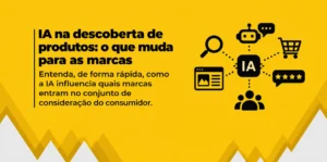 Banner amarelo sobre a influência da IA na descoberta de produtos e na escolha de marcas, com ícones de busca, IA, conteúdo, avaliações e compras.