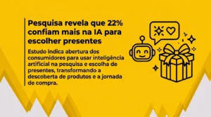 Banner promocional amarelo. À esquerda, uma linha vertical preta, o título “Pesquisa revela que 22% confiam mais na IA para escolher presentes” e um breve resumo. À direita, ilustrações em preto de um robô de IA e uma caixa de presente com laço. Arquivos, Imagens e análise de dados ficam indisponíveis até seu uso ser redefinido à(s) 17:45. Continue conversando só por texto ou faça upgrade para ter mais acesso. Assinar Business