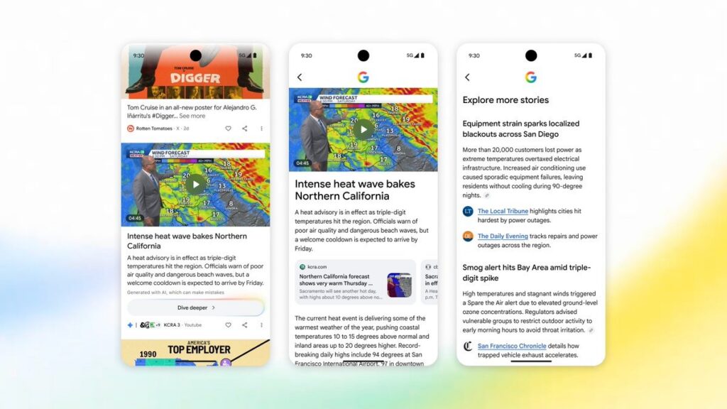Três telas de celular demonstram o teste “Dive deeper” no Google Discover. A primeira apresenta um vídeo acompanhado por uma síntese gerada por IA; a segunda exibe uma visão geral mais extensa e cards de fontes; a terceira reúne reportagens organizadas por subtópicos.