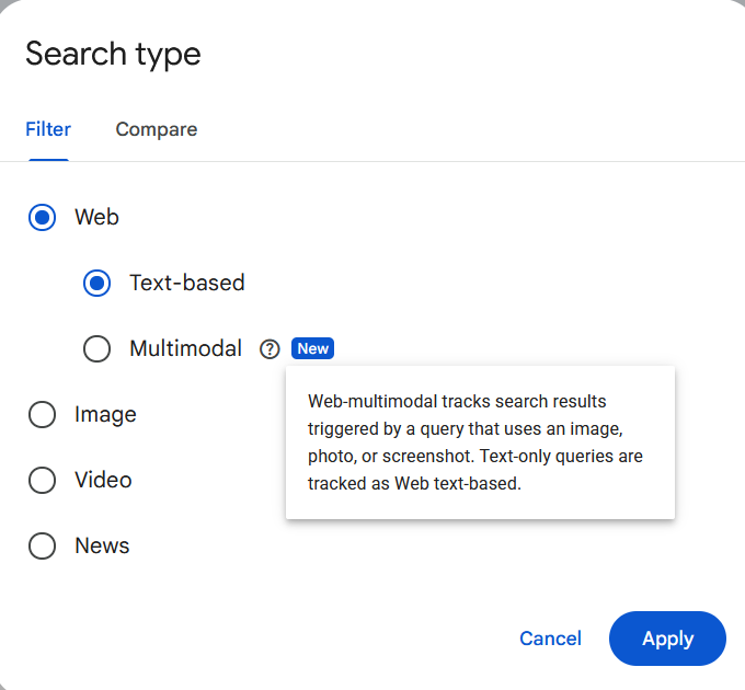 Filtro multimodal do Search Console