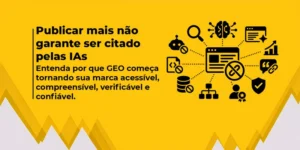 Banner amarelo com texto sobre GEO e citações por IAs, acompanhado de ícones relacionados à inteligência artificial e SEO.