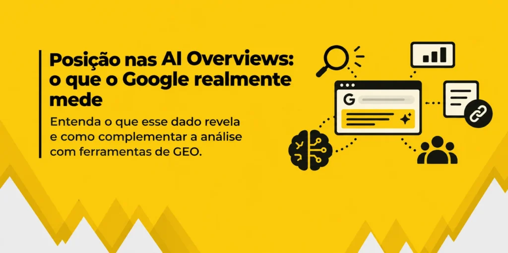 Imagem em fundo amarelo sobre a posição nas AI Overviews e a forma como o Google mede esse dado, com ícones de busca, inteligência artificial, métricas e fontes.