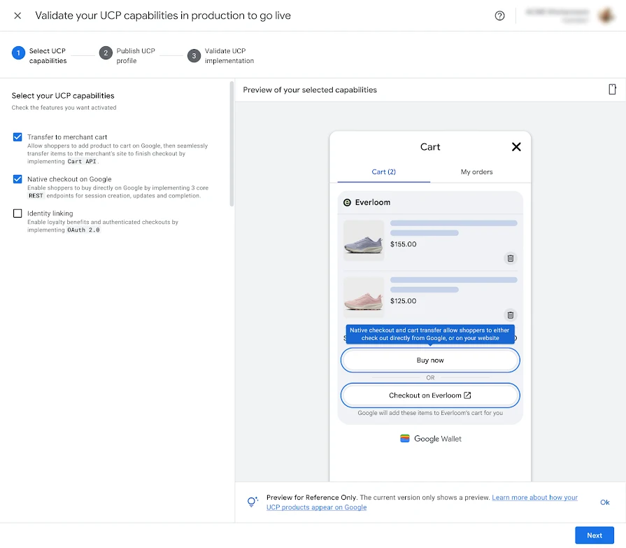  Hub UCP do Merchant Center com opções de transferência de carrinho e checkout nativo.
