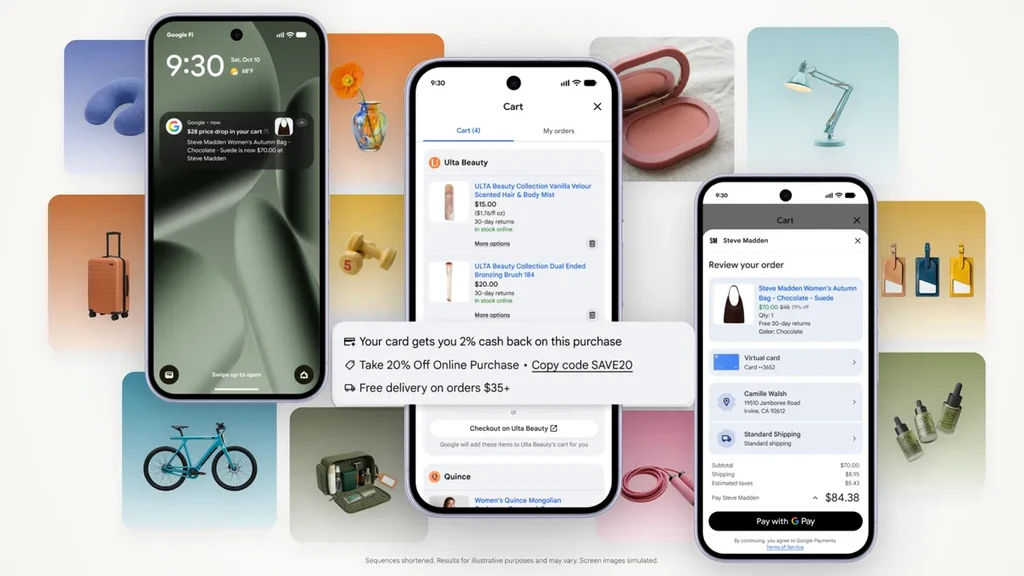 Interface do Universal Cart do Google com produtos reunidos em um carrinho.
