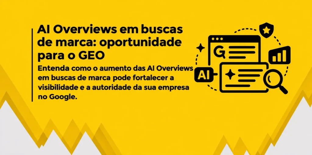 Banner amarelo com texto preto à esquerda e ilustrações de IA, busca e análise à direita.
