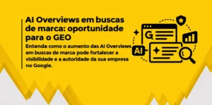 Banner amarelo com texto preto à esquerda e ilustrações de IA, busca e análise à direita.
