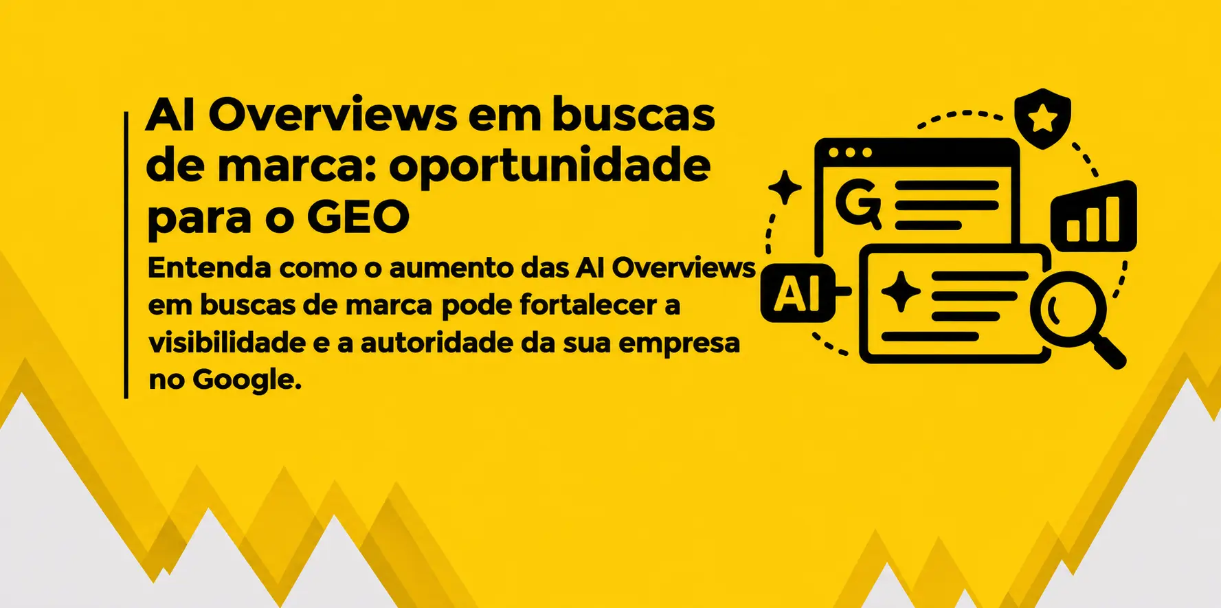 Banner amarelo com texto preto à esquerda e ilustrações de IA, busca e análise à direita.