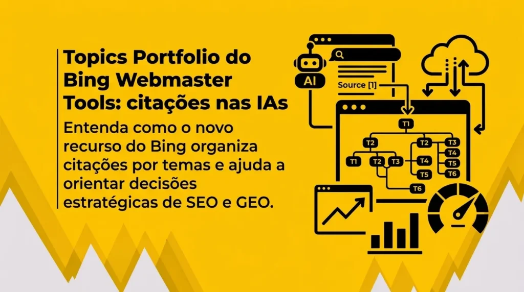 Banner amarelo vibrante com detalhes geométricos na parte inferior. À esquerda, título em negrito: “Topics Portfolio do Bing Webmaster Tools: citações nas IAs”, acompanhado do texto: “Como o novo recurso do Bing organiza citações por temas e orienta estratégias de SEO e GEO.” À direita, ilustrações vetoriais pretas de um robô de IA, navegador com “Source [1]”, árvore de tópicos e ícones de gráficos e desempenho.