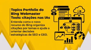 Banner amarelo vibrante com detalhes geométricos na parte inferior. À esquerda, título em negrito: “Topics Portfolio do Bing Webmaster Tools: citações nas IAs”, acompanhado do texto: “Como o novo recurso do Bing organiza citações por temas e orienta estratégias de SEO e GEO.” À direita, ilustrações vetoriais pretas de um robô de IA, navegador com “Source [1]”, árvore de tópicos e ícones de gráficos e desempenho.