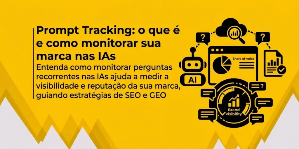 Banner amarelo vibrante, com detalhes geométricos em branco, amarelo e cinza na parte inferior. À esquerda, título e subtítulo em preto, acompanhados de uma linha vertical. À direita, ilustrações vetoriais em preto de um robô de IA, gráficos de visibilidade da marca, balões de conversa e ícones de busca e relatórios.